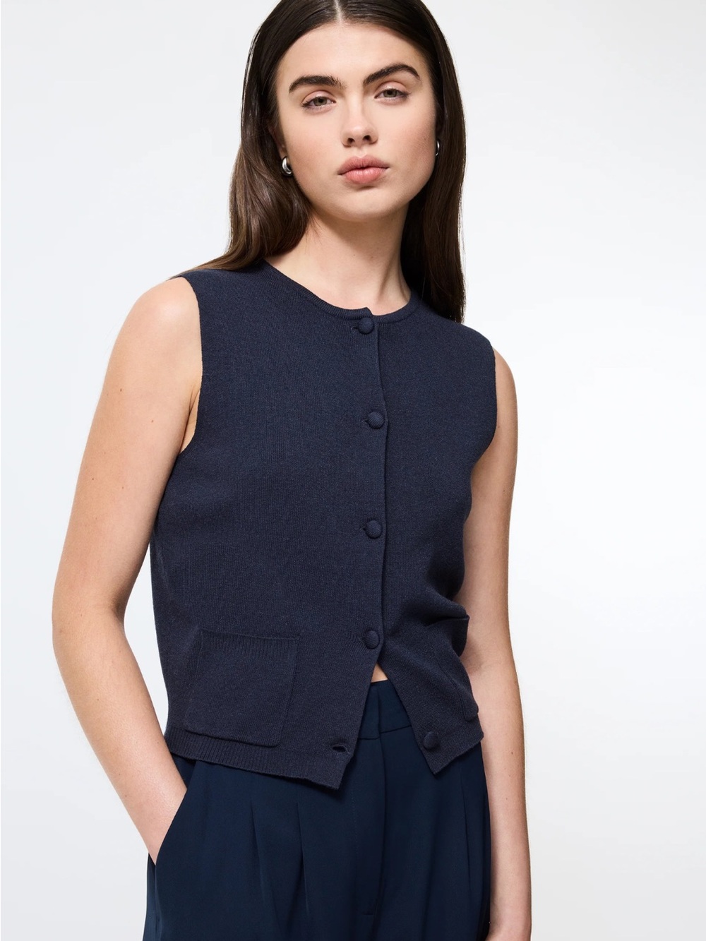 French Connection Navy Sleeveless Button-Front Knit Cardigan